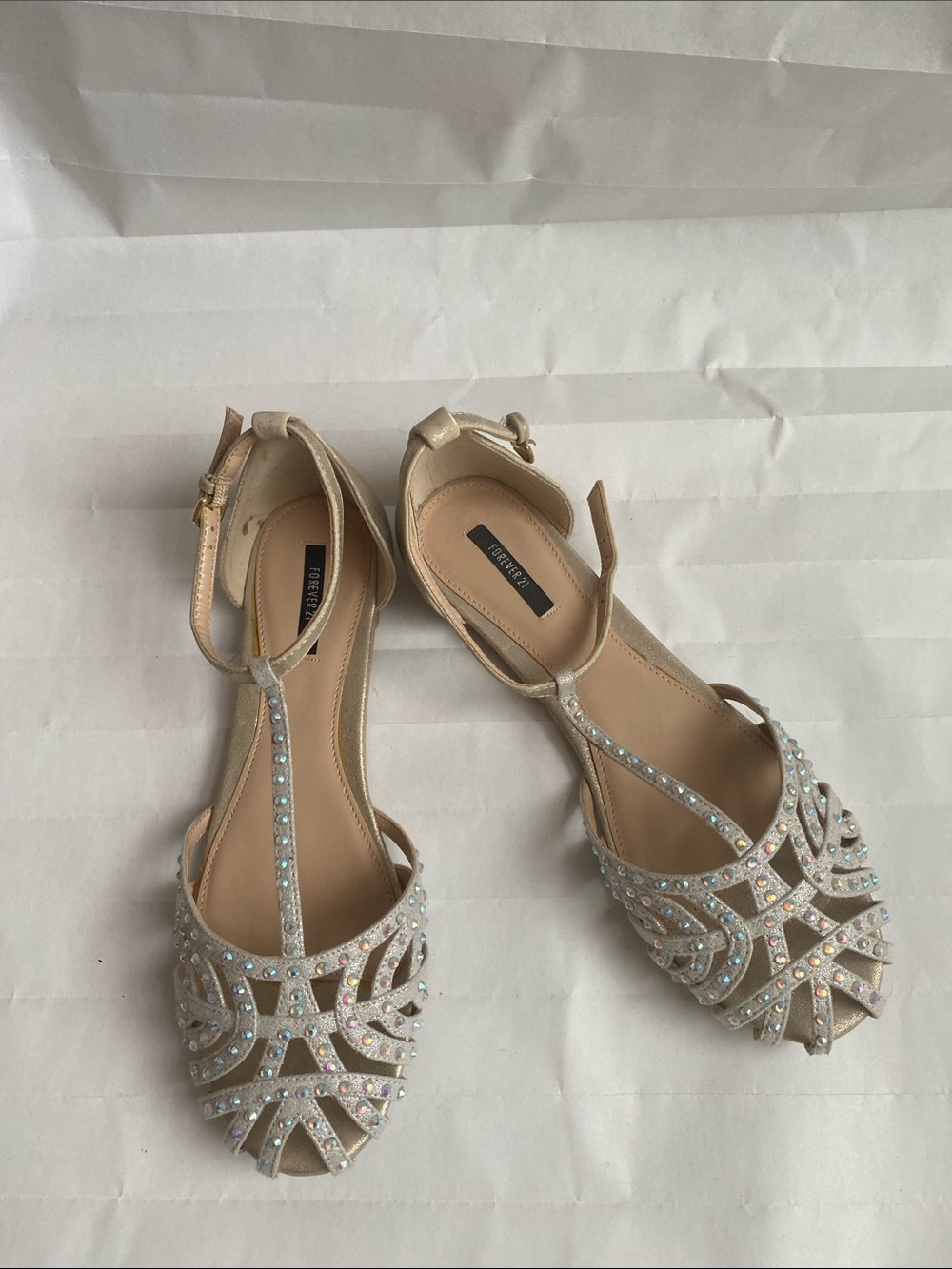 Beige Rhinestone T-Strap Flat Sandals - Forever 21